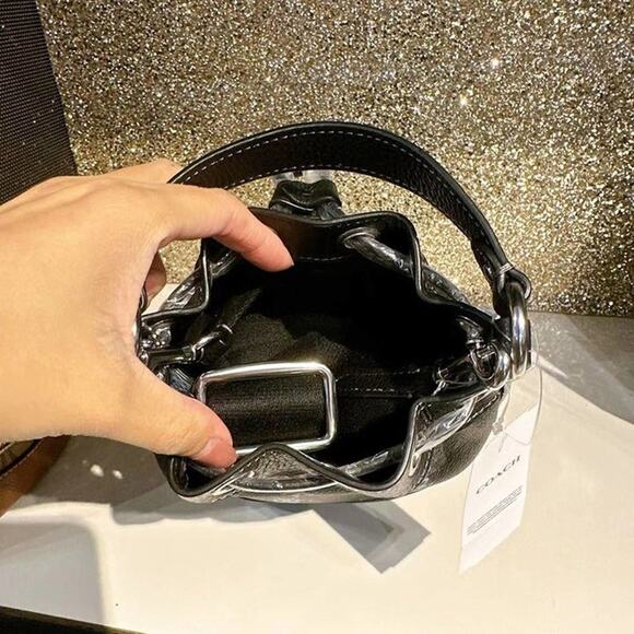 Coach CE587 Dempsey Drawstring Bucket Bag 15 With Snowflake Print Silver/Graphit - Picture 6 of 9